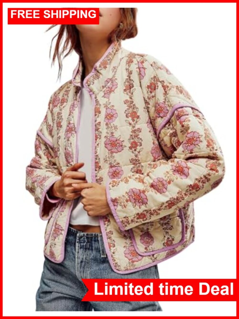 Womens Cropped Quilted Puffer Jacket Floral Print Open Front Lightweight